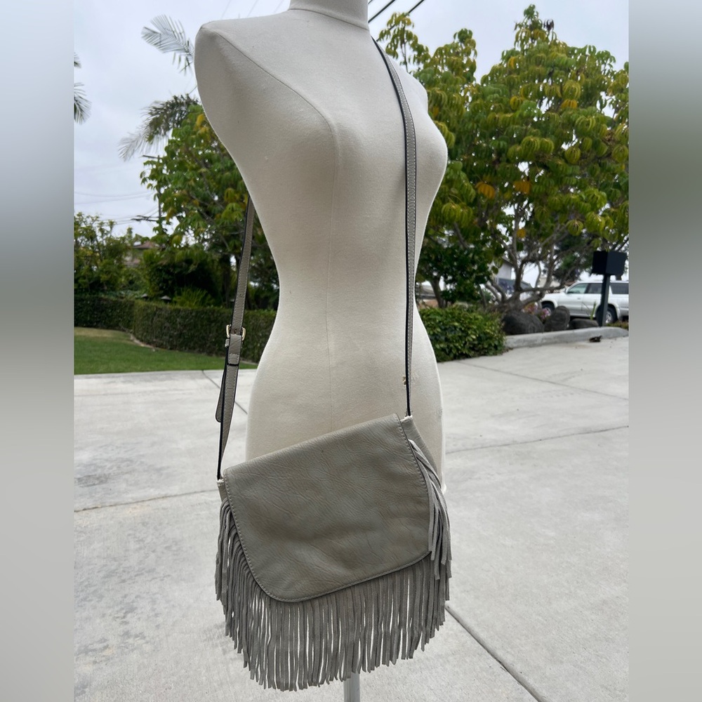 Gray Fringe Crossbody Bag with Suede Finish
